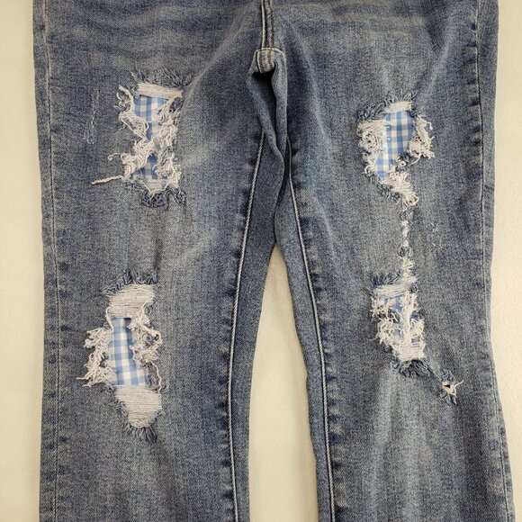 Judy Blue Gingham Distressed Jean Womens 15/32 Blue Raw Hem High Rise Skinny NEW - Picture 4 of 13